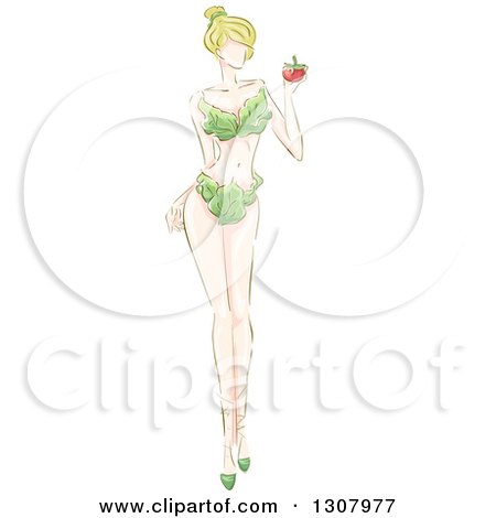 Clipart of a Sketched Blond White Female Modeling Vegetables - Royalty Free Vector Illustration by BNP Design Studio