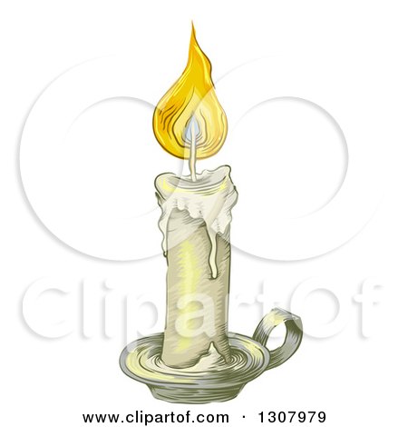 Clipart of a Sketched Lit Candle on a Holder - Royalty Free Vector Illustration by BNP Design Studio