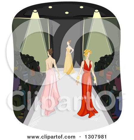 Clipart of Sketched Female Models in Long Gowns, Walking in a Fashion Show - Royalty Free Vector Illustration by BNP Design Studio