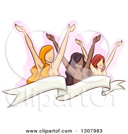 Clipart of a Sketched Group of Nude Women Holding up Their Arms, Covered by a Ribbon Banner, over Pink - Royalty Free Vector Illustration by BNP Design Studio