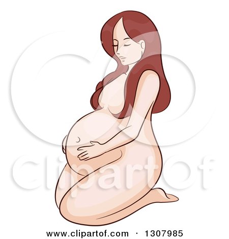 Clipart of a Sketched Brunette White Pregnant Woman Kneeling and Holding Her Belly - Royalty Free Vector Illustration by BNP Design Studio