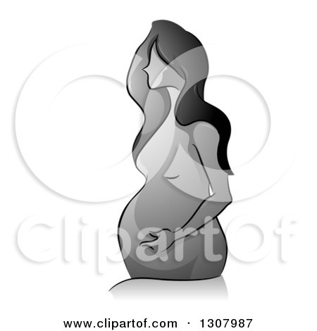 Clipart of a Grayscale Sketched Nue Pregnant Woman Holding Her Belly, with a Reflection - Royalty Free Vector Illustration by BNP Design Studio