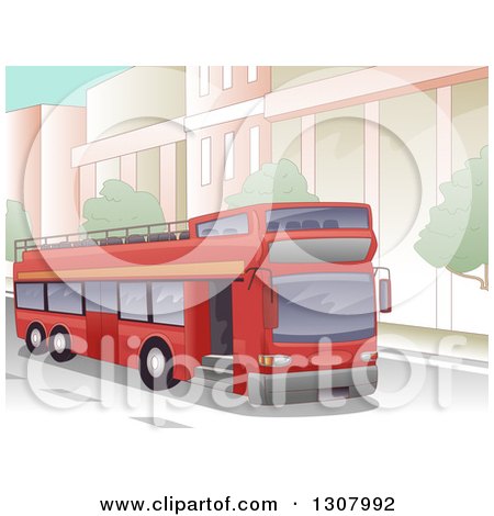 Clipart of a Red Open Top Double Decker Bus Driving in a City - Royalty Free Vector Illustration by BNP Design Studio