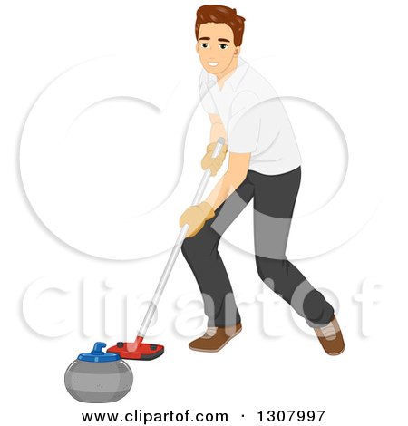 Clipart of a Brunette White Man Pushing a Curling Stone with a Broom - Royalty Free Vector Illustration by BNP Design Studio