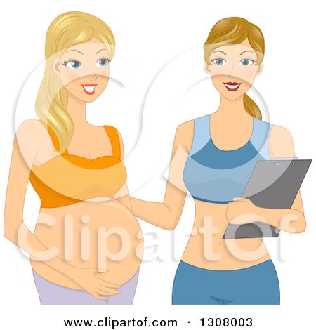 Clipart of a Blond White Pregnant Woman Working out with a Personal Trainer - Royalty Free Vector Illustration by BNP Design Studio