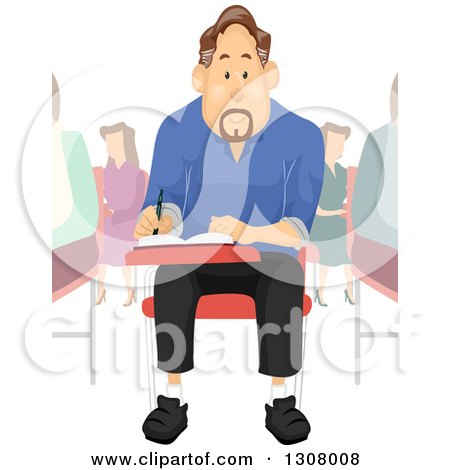 Clipart of a Brunette Middle Aged College Student Man Writing at a Desk - Royalty Free Vector Illustration by BNP Design Studio