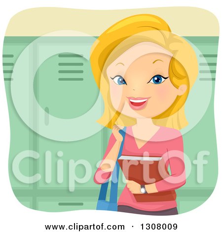 Clipart of a Happy Blond White Female College Student Holding a Book by Lockers - Royalty Free Vector Illustration by BNP Design Studio