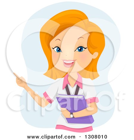 Clipart of a Happy Red Haired White Female College Student Holding a Book and Pointing, over Blue - Royalty Free Vector Illustration by BNP Design Studio