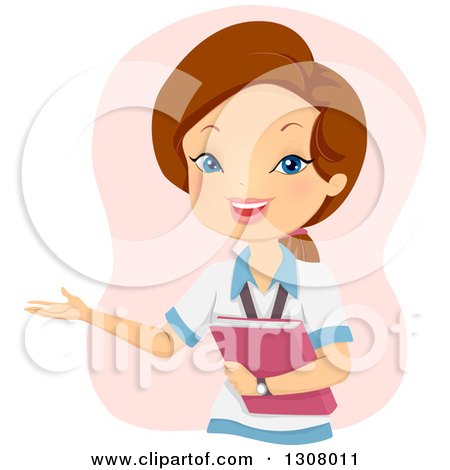 Clipart of a Happy Brunette White Female College Student Holding a Book and Presenting, over Pink - Royalty Free Vector Illustration by BNP Design Studio
