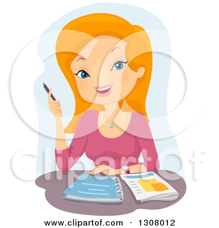 Clipart of a Happy Red Haired White Female College Student Studying over Blue - Royalty Free Vector Illustration by BNP Design Studio