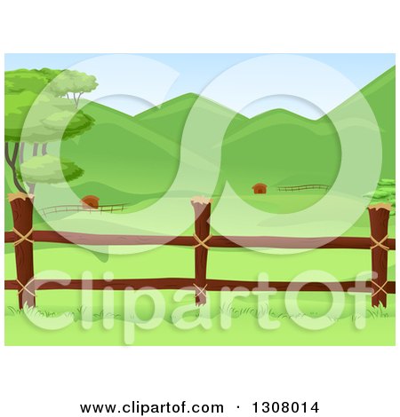Clipart of a Wooden Farm Pasture Fence with Lush Green Hills in the Background - Royalty Free Vector Illustration by BNP Design Studio