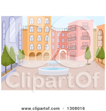 Clipart of a Water Fountain in the Middle of a Courtyard - Royalty Free Vector Illustration by BNP Design Studio