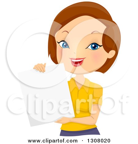 Clipart of a Happy Brunette White Woman Holding a Blank Paper - Royalty Free Vector Illustration by BNP Design Studio