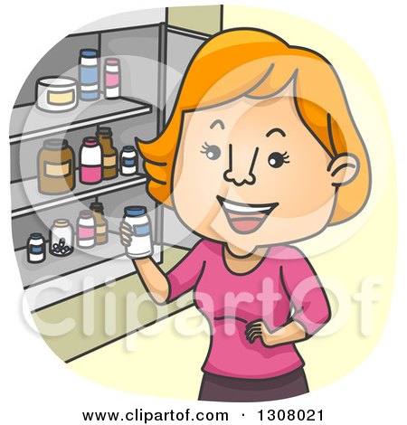 Clipart of a Cartoon Red Haired White Woman Looking at Pill Bottles in a Medicine Cabinet - Royalty Free Vector Illustration by BNP Design Studio