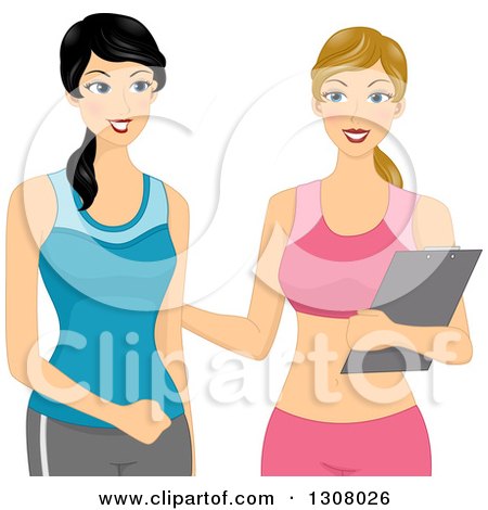Clipart of a Caucasian Woman Talking with Her Personal Trainer - Royalty Free Vector Illustration by BNP Design Studio