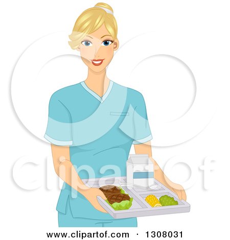 Clipart of a Happy Blond White Female Dietician or Nurse Holding a Cafeteria Food Tray - Royalty Free Vector Illustration by BNP Design Studio