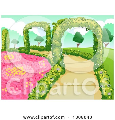 Clipart of a Botanical Garden with Flowers, Shrubs and Hedge Arches - Royalty Free Vector Illustration by BNP Design Studio