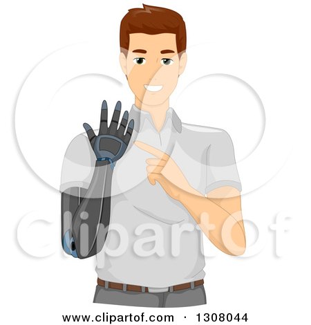 Clipart of a Happy Brunette White Man Showing off His Prosthetic Arm - Royalty Free Vector Illustration by BNP Design Studio