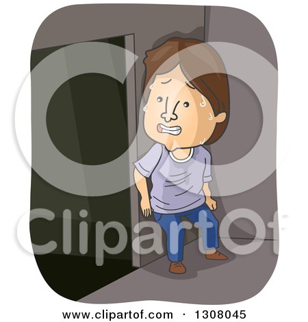 Clipart of a Cartoon Scared Brunette White Man Hiding Behind a Wall - Royalty Free Vector Illustration by BNP Design Studio