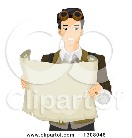 Clipart of a Handsome Young Asian Steampunk Man Holding a Paper Scroll - Royalty Free Vector Illustration by BNP Design Studio