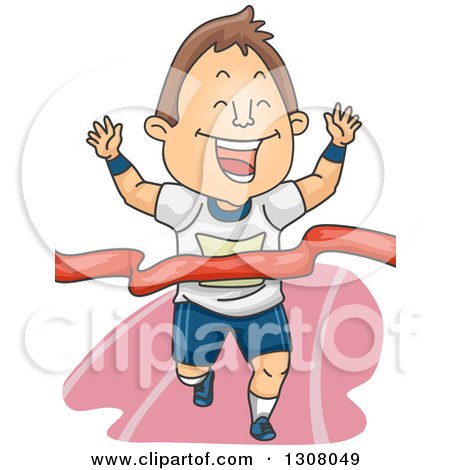 Clipart of a Cartoon Brunette White Man Breaking Through a Race Ribbon - Royalty Free Vector Illustration by BNP Design Studio