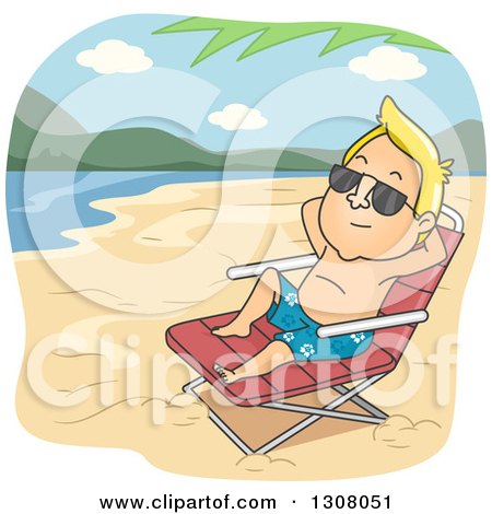 Clipart of a Relaxed Blond White Man Sun Bathing on a Beach - Royalty Free Vector Illustration by BNP Design Studio