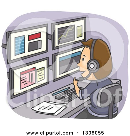 Clipart of a Cartoon Brunette White Stock Analyst Man Tracking Events and Using Multiple Computer Screens - Royalty Free Vector Illustration by BNP Design Studio