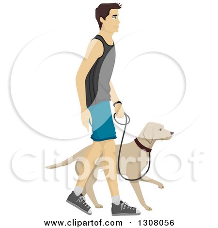 Clipart of a Brunette White Man Walking His Labrador Dog - Royalty Free Vector Illustration by BNP Design Studio