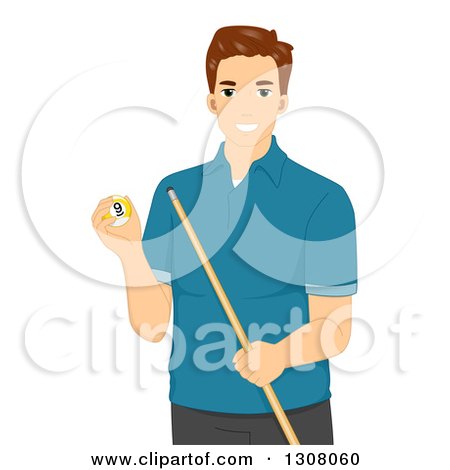 Clipart of a Brunette Young White Man Holding a Billiard Ball and Cue Stick - Royalty Free Vector Illustration by BNP Design Studio