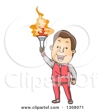 Clipart of a Cartoon Happy Brunette White Male Athlete Holding up a Torch - Royalty Free Vector Illustration by BNP Design Studio