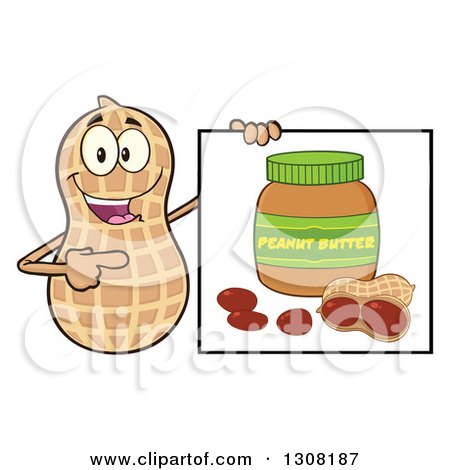 Clipart of a Happy Peanut Mascot Character Pointing to and Holding a Sign of a Jar of Peanut Butter - Royalty Free Vector Illustration by Hit Toon