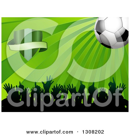 Clipart of a 3d Soccer Ball over Green Rays, a Shield and Crowd of Silhouetted Sports Fans - Royalty Free Vector Illustration by elaineitalia