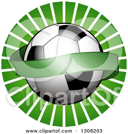 Clipart of a Shiny Soccer Ball with a Blank Banner over a Green Burst - Royalty Free Vector Illustration by elaineitalia