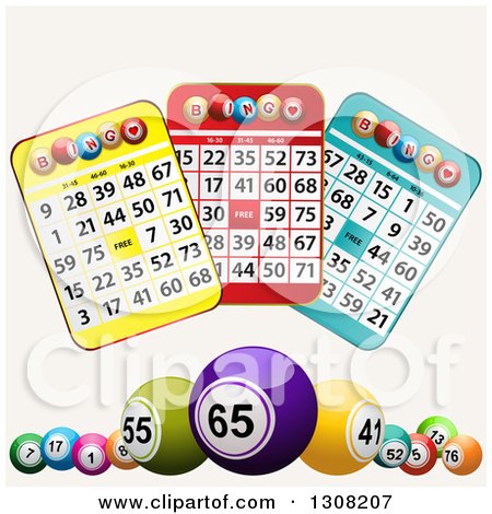 Clipart of 3d Colorful Bingo Balls and Cards on Tan - Royalty Free Vector Illustration by elaineitalia