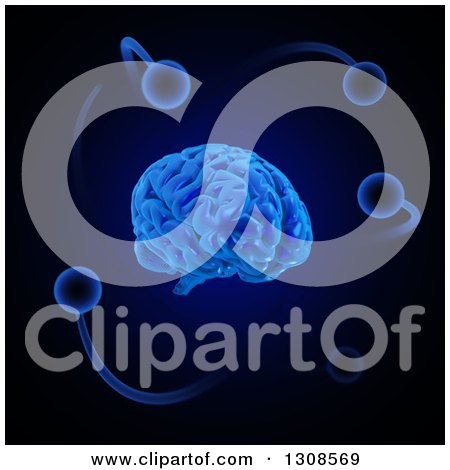Clipart of a 3d Blue Brain and Atoms on Black - Royalty Free Illustration by Mopic