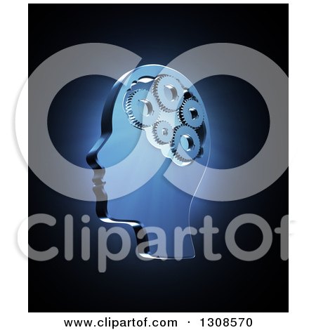 Clipart of a 3d Head with Gears in the Brain and Blue Shining Light on Black - Royalty Free Illustration by Mopic