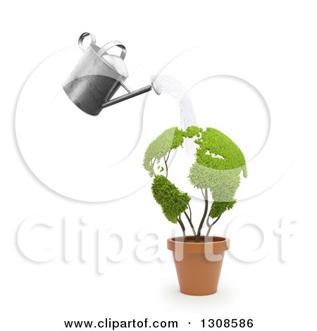 Clipart of a 3d Can Watering a Leafy Globe Plant in a Terra Cotta Pot, over White - Royalty Free Illustration by Mopic