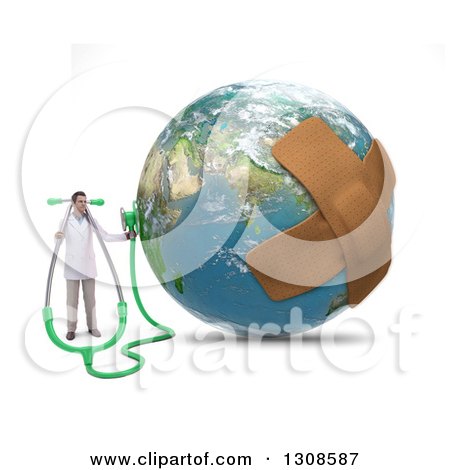 Clipart of a 3d Male Doctor Holding a Stethoscope to Africa on Earth, with Bandages on the Planet - Royalty Free Illustration by Mopic