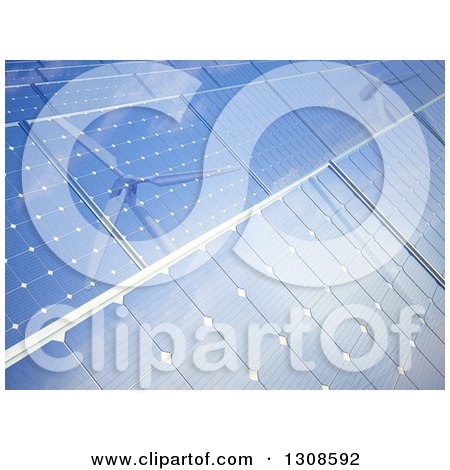 Clipart of a Background of 3d Windmills Reflecting in Blue Solar Power Photovoltaic Panels - Royalty Free Illustration by Mopic