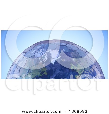 Clipart of a 3d Planet Earth with Hexagonal Green House Glass Panels, over Blue - Royalty Free Illustration by Mopic