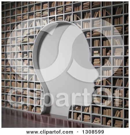 Clipart of a 3d Silhouetted Head Blank Space in a Library Book Shelf Wall - Royalty Free Illustration by Mopic