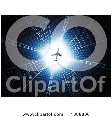 Clipart of a 3d View Upwards of an Airplane in a Bright Sky in the Center of an Apartment Building Complex - Royalty Free Illustration by Mopic