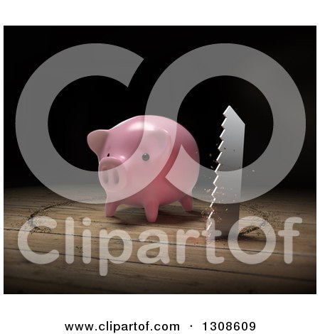 Clipart of a 3d Saw Cutting a Circle Around a Piggy Bank on Wood - Royalty Free Illustration by Mopic