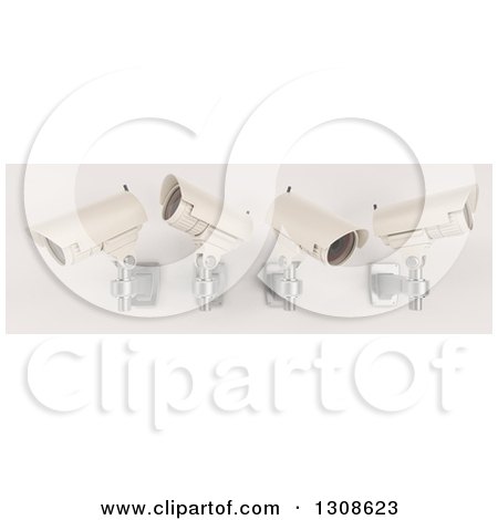 Clipart of 3d Four White HD CCTV Security Surveillance Cameras Mounted on a Wall, on off White - Royalty Free Illustration by KJ Pargeter