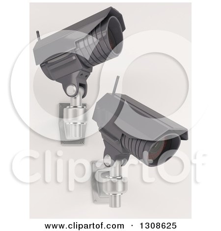 Clipart of 3d Two Black HD CCTV Security Surveillance Cameras Mounted on a Wall, on off White - Royalty Free Illustration by KJ Pargeter