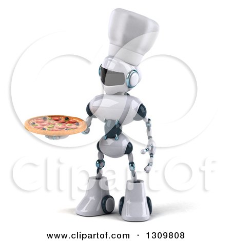 Clipart of a 3d White and Blue Robot Chef Holding and Looking at a Pizza - Royalty Free Illustration by Julos