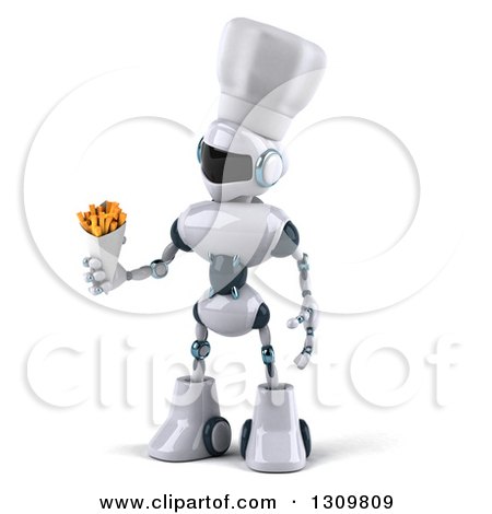 Clipart of a 3d White and Blue Robot Chef Holding and Looking at French Fries - Royalty Free Illustration by Julos