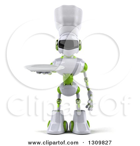 Clipart of a 3d White and Green Robot Chef Holding a Plate - Royalty Free Illustration by Julos