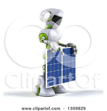 Clipart of a 3d White and Green Robot Facing Right and Holding a Solar Panel - Royalty Free Illustration by Julos