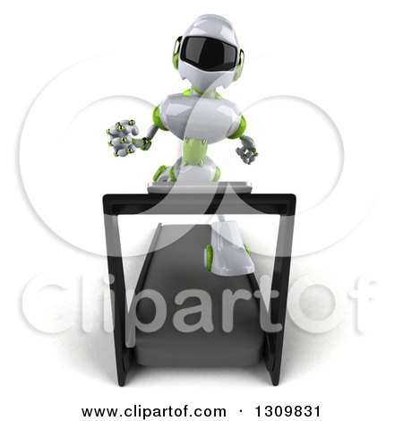 Clipart of a 3d White and Green Robot Sprinting on a Treadmill - Royalty Free Illustration by Julos